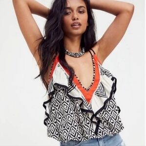 Free People Womens Anika B/W Ruffled V-Neck Shirt Tank Top Blouse NWT Small Boho